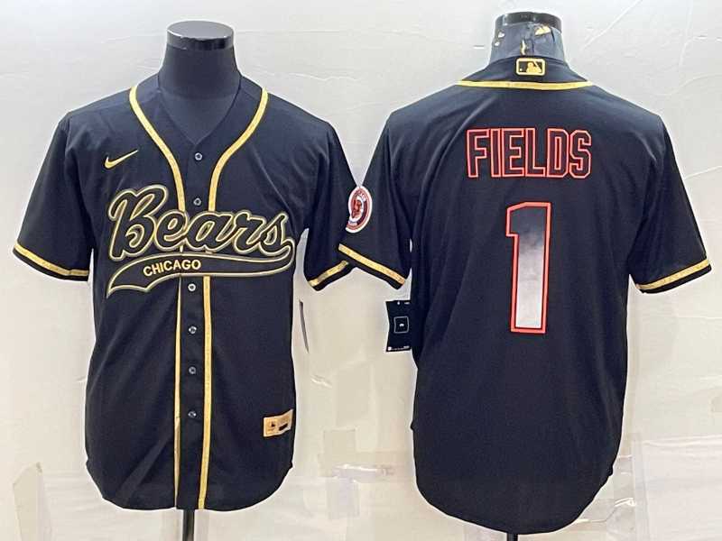 Men%27s Chicago Bears #1 Justin Fields Black Gold With Patch Smoke Cool Base Stitched Baseball Jersey